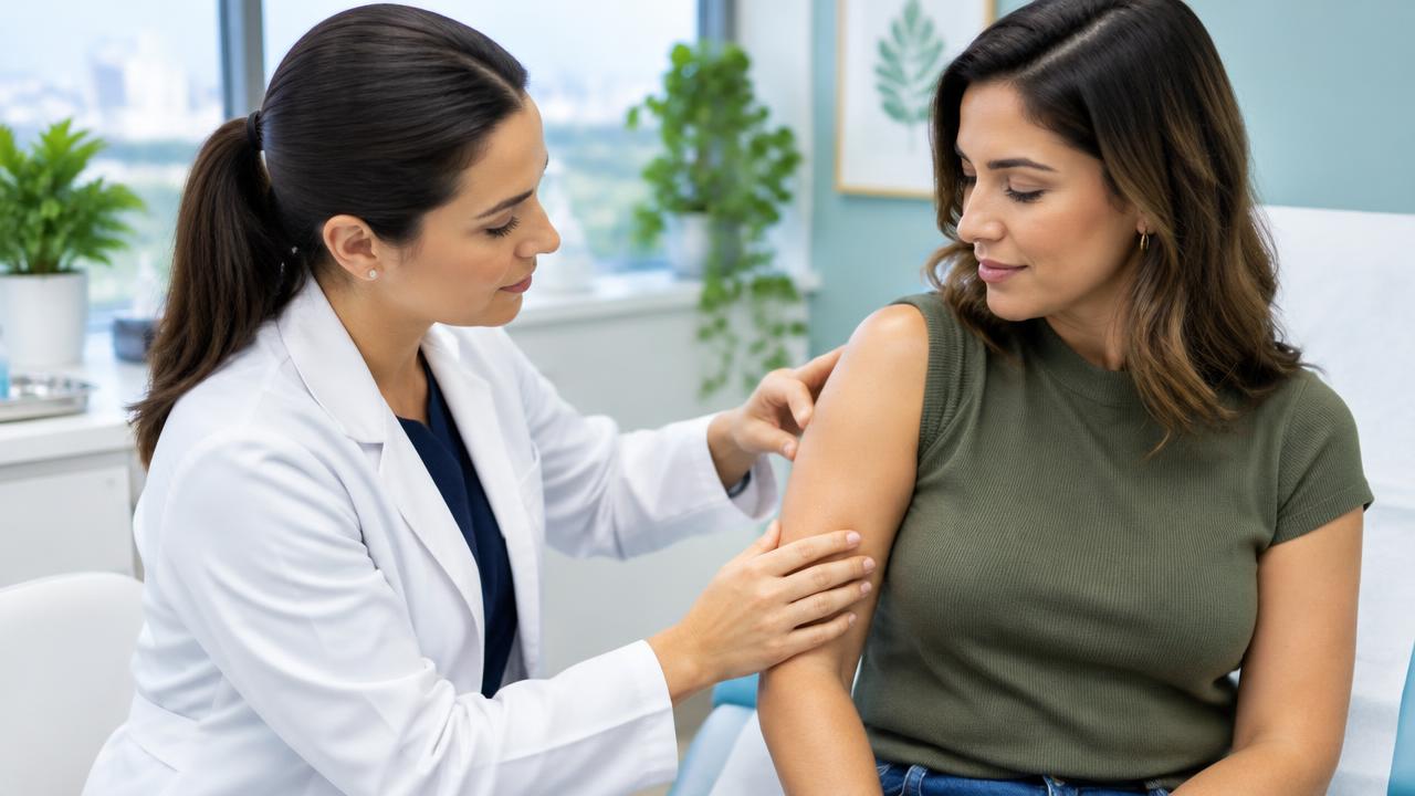 Imagem ilustrativa de dermatologista avaliando a pele do braço de uma paciente
