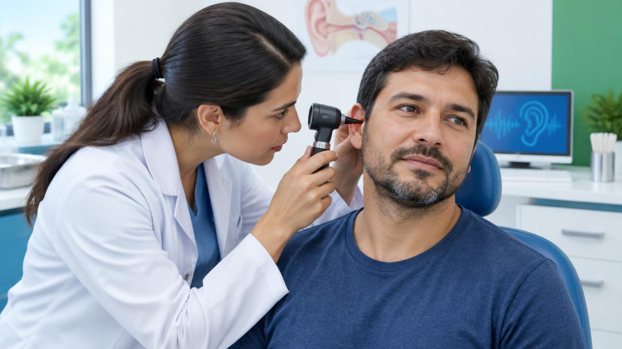 Imagem ilustrativa de médica examinando o ouvido de um paciente com otoscópio