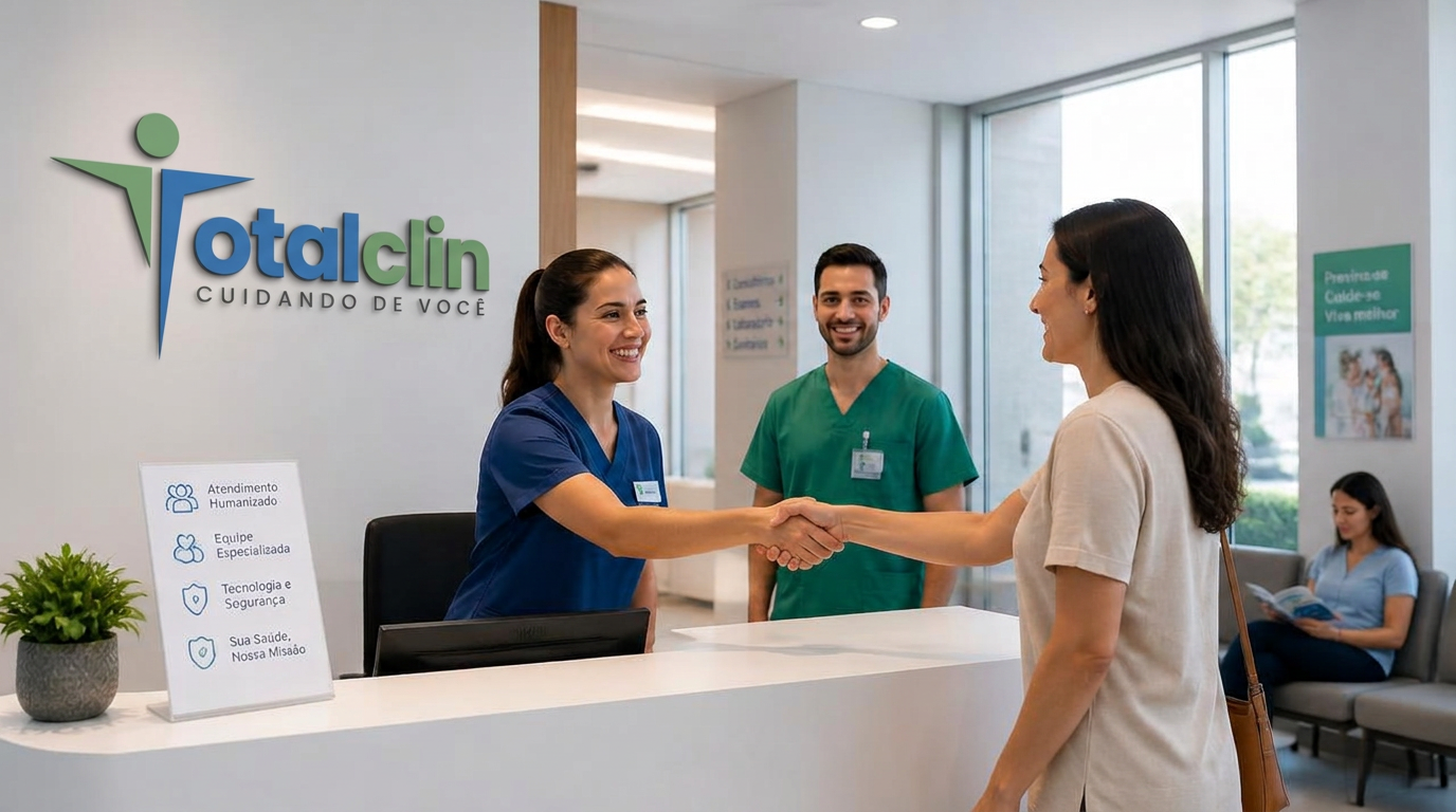 Recepção da clínica TotalClin em Belém com o logo na parede